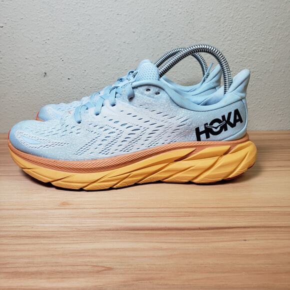 Hoka Women's Size 7.5 Clifton 8 Running Shoe Blue Orange Athletic Sneaker Gym - Picture 1 of 11